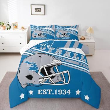 Imagem de Erosebridal Conjunto de edredom completo com tema de futebol americano, capacete esportivo 3D, edredom e conjunto de edredom para crianças, meninos, cor do time de futebol, listras azuis, com 2