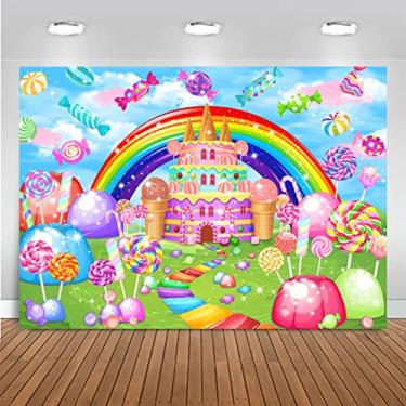 Imagem de Mocsicka Sweet Candyland Pano de fundo pirulito doce tema doce decoração de festa de aniversário para meninas, doces, sorvete, castelo, faixa de festa arco-íris, decoração de parede para o dia mais