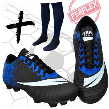 Imagem de Chuteira Campo Adulto Infantil + Meião - PERFLEX Revolution, Preto azu