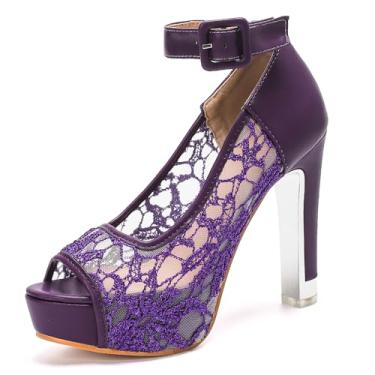 Imagem de Jeesay Sandália feminina de renda de salto alto grosso, bico aberto, tira no tornozelo, plataforma, para casamento, Roxa, 36
