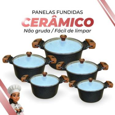 Imagem de Jogo De Panelas Cerâmica Branca Antiaderente 5 Peças Preto Tampa De Vi