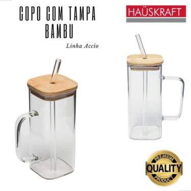 Imagem de Caneca de Vidro Accio com Tampa De Bambu Canudo Bebidas Drinks 290ml -