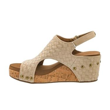 Imagem de Corkys Footwear Carley Wedges feminino, com palmilhas acolchoadas de espuma EVA Corkys, salto de 6 cm, leve para uso o dia todo e fecho de velcro, Tecido dourado, 38