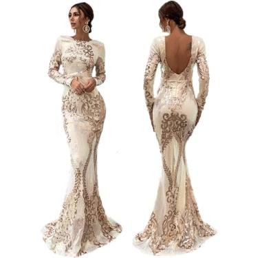 Imagem de Vestido Longo De Coquetel De Noite Sereia Vestido De Festa Longo Formal Feminino Vestido De Baile Manga Longa Elegante Vestido Maxi De Lantejoulas, White, L(Chest:90cm/35inch)