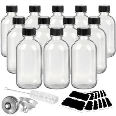 Imagem de Showvigor Pacote com 12 garrafas de vidro transparente de 59 g com 2 funis de aço inoxidável, etiquetas e escova de limpeza – Mini frascos à prova de vazamento para óleos essenciais, molho picante