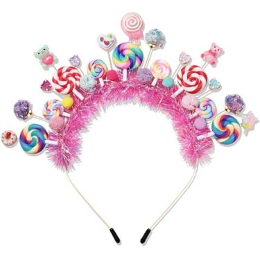 Imagem de NVENF Tiara de doces para mulheres, meninas, pompom colorido, pirulito, fantasia Candyland, acessórios de doces, lembrancinhas de festa de aniversário, Halloween, Natal, presentes (padrão E)