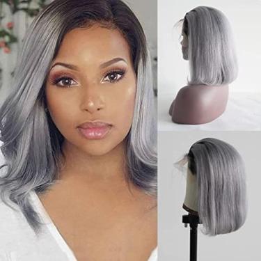 Imagem de Aprilhair Perucas pré-arrancadas cinza Bob lace frontal liso sem cola 130% densidade corte curto cabelo humano virgem brasileiro com cabelo de bebê inteiro e parte grossa livre (25 cm, 1B/cinza)