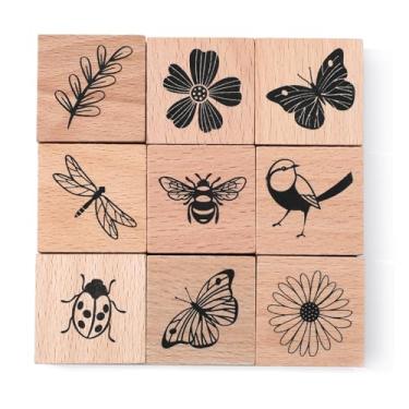 Imagem de Mabor 9 carimbos vintage de borracha de madeira para artesanato, planta joaninha borboleta decorativa retrô de madeira carimbos de tinta de borracha para bricolage, artesanato, diário, scrapbooking