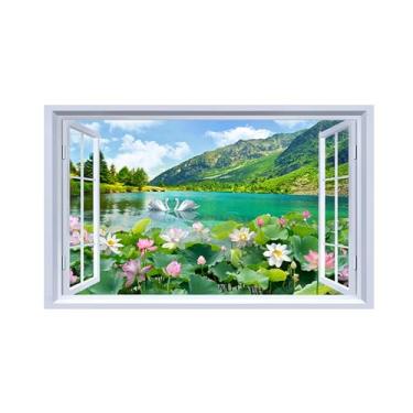 Imagem de Impressões em tela paisagens-Arte parede janela falsa-Lótus lago na montanha-Natureza Pintura Decoração Banheiro 70x115cm Sem Moldura