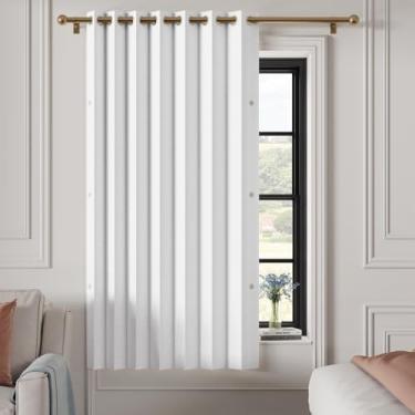 Imagem de HMYI Cortina plissada branca com memória treinada para escurecimento de quarto, cortina blecaute total de linho sintético para sala de reuniões/porta de pátio/teatro/sala de estar, 1 painel, L 132 x C