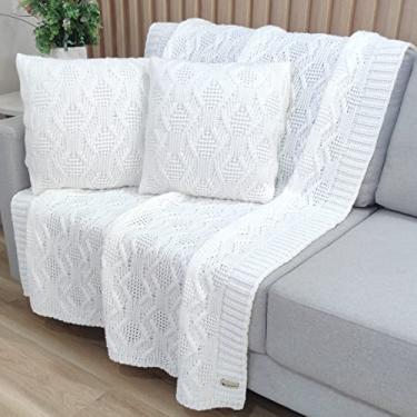 Imagem de Kit Manta Tricot Luxo 150x120cm + 2 Almofadas com Enchimento | Zíper Invisível | Fibra Siliconada | Sofá Sala | Xale Decorativo Elegante G05 (Offwhite Natural)