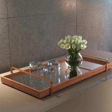 Imagem de Bandeja Decorativa Espelhada Alça Bronze Amadeirada  - JONIEL DECORAÇÕ
