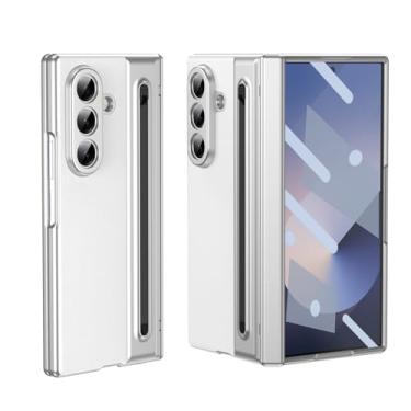 Imagem de CMYFUTNG Capa para Samsung Galaxy Z Fold 7 com caneta de escrita compacta integrada, textura de couro, proteção de dobradiça, carregamento sem fio, capa de telefone fina S Pen branca 23-Z Fold7-04