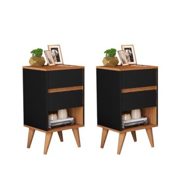Imagem de Kit 02 Mesa de Cabeceira Quarto com Nicho e 02 Gavetas Duda (Preto/Nature)