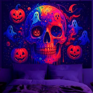 Imagem de Tapeçaria de Halloween com luz negra UV reativa que brilha no escuro, cena noturna de terror assustador com efeitos de esqueleto, castelo e neon, decoração estética tripla para festa (caveira 1, 200 x