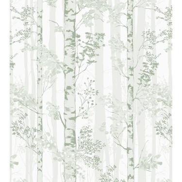 Imagem de Safiyya Papel de parede de contato verde claro e branco para árvore, papel de parede floresta, papel de parede autoadesivo removível para quarto, banheiro, rolos de vinil 78,7 x 17,76 cm