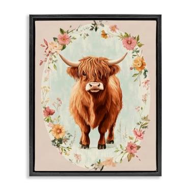 Imagem de Stupell Industries Design de arte de parede em tela flutuante preta com borda de flor de pêssego vaca por Petal Prints Design, 78 x 63 cm