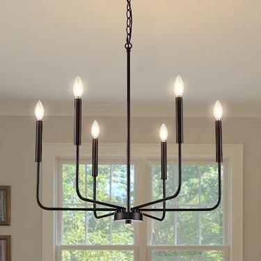 Imagem de ONESMING Lustre preto moderno para sala de jantar, luminárias de cozinha de metal com 6 luzes, luminária pendente pendurada em vela de fazenda para sala de estar, hall de entrada, quarto (lâmpadas não