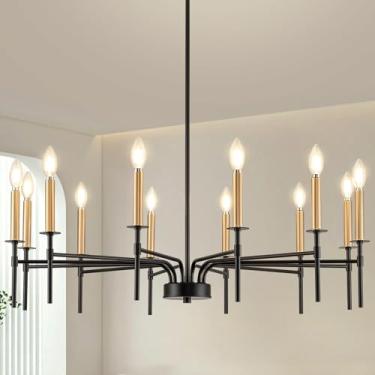 Imagem de ONESMING 12 candelabros claros modernos para casa de fazenda preto e dourado para sala de jantar, lustre de vela de metal, luminárias para sala de estar, escada, hall de entrada, quarto, cozinha