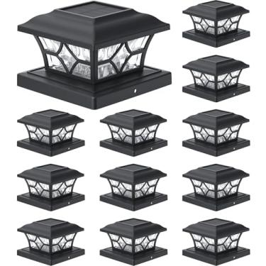 Imagem de APONUO 4 x 4 lâmpadas solares com tampa de poste pacote com 12 - tampa de poste de 15 x 15 cm, 2 modos, IP64 à prova d'água, postes de postes alimentados por energia solar para postes de madeira/vinil