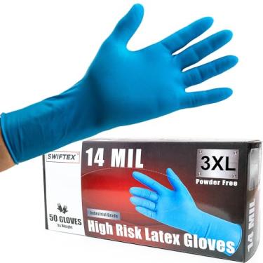 Imagem de SWIFTEX Luvas de látex grossas resistentes, 14 mm, azul, industrial, sem pó, 30 cm de comprimento, texturizadas, multiuso, caixa com 50 (2GG)