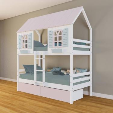 Imagem de Beliche Casinha Bela com 2 Gavetas Rosa - Madeira Maciça Branco/Rosa/Verde | Housin