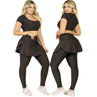 Imagem de Conjunto Fitness Calça Legging Saia Com Bolso E Top Cropped Treino Aca