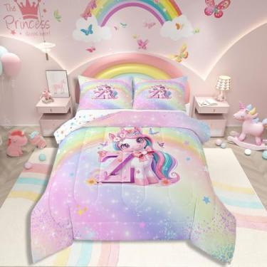 Imagem de Erosebridal Conjunto de edredom infantil com laço de unicórnio, arco-íris, para crianças, meninos, adolescentes, princesa, galáxia, decoração de estrelas, para quarto, alfabeto Z