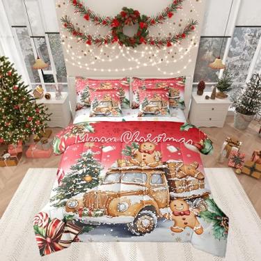 Imagem de Manfei Conjunto de edredom de caminhão de gengibre em uma bolsa, 7 peças, solteiro, desenho animado de Natal, homem de gengibre fofo (edredom + lençol de cima + 2 fronhas + 2 fronhas de travesseiro)