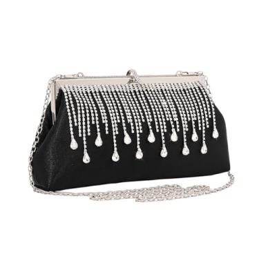 Imagem de JIAN YA NA Moda feminina dama de honra dama de honra menina noiva bolsa clutch noite para formatura, coquetel, casamento, noivado, Franja de cetim preta
