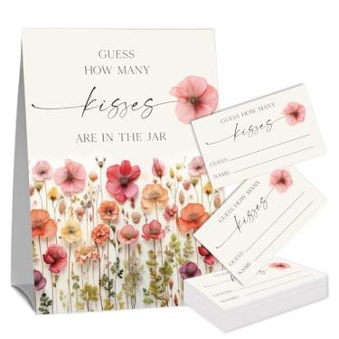 Imagem de Jogos de chá de bebê "How Many Kisses" floral rosa (1 placa de flor selvagem e 50 cartões), ingressos para adivinhar beijos para aniversário de ação de graças, jogo de festa para chá de casamento