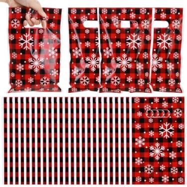 Imagem de GliCraft 100 unidades de sacolas de presente de floco de neve de Natal com alça de buffalo, vermelho, preto, xadrez, plástico, para Natal, inverno, festa, embalagem, petisco, casamento, aniversário