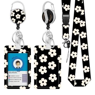 Imagem de Cordões de flores para crachá de identificação, suporte de crachá de identificação com clipe retrátil e chaveiro, capa protetora de crachá de identidade vertical com etiqueta de nome para estudante