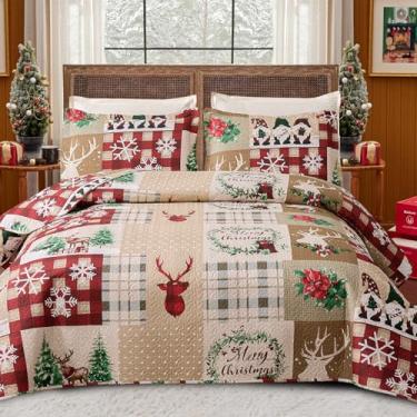 Imagem de Conjunto de colcha de Natal King de 3 peças - Colchas vermelhas para cama king size, conjunto de cama de Natal com estampa de patchwork multicolorido com alce de elfo de boneco de neve - colcha leve