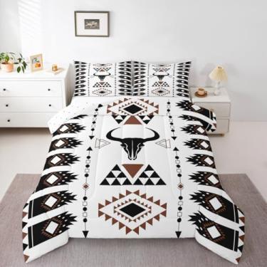 Imagem de Feelyou Conjunto de edredom asteca ocidental para todas as estações, sudoeste, touro, caveira, vaca, com 1 fronha, boêmio, casa de fazenda, microfibra, roupa de cama de solteiro, geométrico, edredom