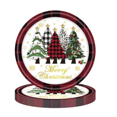 Imagem de Pacote com 24 pratos de papel descartáveis de Natal, árvore de Natal, xadrez, prato de sobremesa, utensílios de mesa para Natal, Ano Novo, Natal, Natal, Natal, Natal, Natal, Feriado, Jantar, Feriado