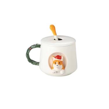 Imagem de Scizorito Copo de casal de cachorro fofo, caneca de café de cerâmica com tampa, xícara de família, copo de escritório, alça de padrão de grão de madeira côncava, design tridimensional Shiba Lnu fofo,