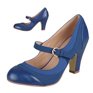 Imagem de SHODENSE Sapatos femininos de salto gatinho Mary Jane bico redondo fechado tira no tornozelo patchwork confortável 7,6 cm salto grosso Mary Jane salto boné dois tons fivela sapatos vestido feminino festa casamento vintage 4-11 M EUA, Patchwork, azul marinho, 8