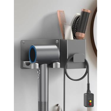 Imagem de Suporte para secador de cabelo com organizador de ferramentas, suporte para secador de cabelo compatível com Dyson, Shark, cabide de secador de cabelo, montado na parede por fitas adesivas de 3 m ou