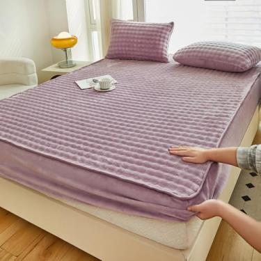 Imagem de Protetor de colchão de veludo, colcha macia e quente, luxuosa, macia, confortável, capa de colchão com bolso profundo, tamanho king/queen/casal/solteiro, roxo | 180 x 200 cm (apenas capa de colchão)