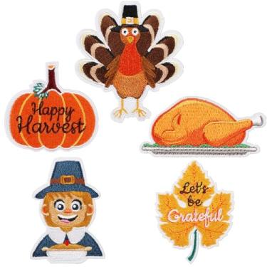 Imagem de Conjunto de 5 adesivos para passar a ferro no Dia de Ação de Graças - Peru Abóbora Folhas de Outono Frango Assado e Pessoas Design Acessório Bordado - Aplique de Passar a Ferro ou Costurar para