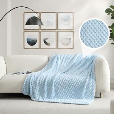 Imagem de Cobertor aconchegante de pelúcia jacquard ultramacio 127 cm x 178 cm, cobertor felpudo para quarto, sala de estar, sofá, sofá, leve e quente para todas as estações, lavável na máquina, treliça, azul