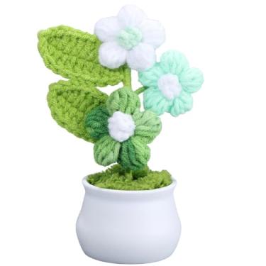 Imagem de SUNNYCLUE Flores tricotadas de crochê mini pequenas feitas à mão tricô verde falso floral verde Forget Me Not artificial para decoração de mesa de escritório em casa, Natal, aniversário, casamento
