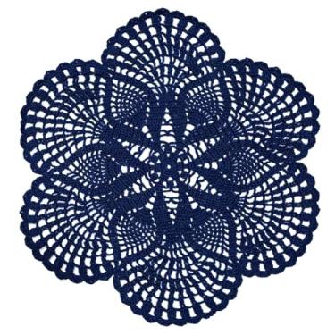 Imagem de BOMHCS Toalha de crochê feita à mão de 39,4 cm a 44,5 cm redonda 6 pétalas de flores para copos para copos de papel americano vintage (1, azul marinho)
