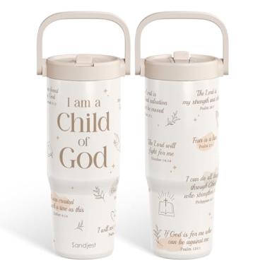 Imagem de Copo cristão de aço inoxidável com tampa de canudo de 850 g com alça de transporte para mulheres e meninas, caneca de café para viagem Child of God, presente para esportes ao ar livre, treino, Natal
