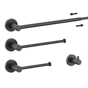 Imagem de Kroias Conjunto de acessórios de hardware de banheiro preto fosco, conjunto de barra de toalha ajustável de aço inoxidável SUS304 com suporte de toalha de mão, suporte de papel higiênico, gancho de
