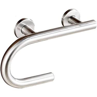 Imagem de QLDFX Barra de apoio de escada para banheiro, barra de apoio para banheiro, aço inoxidável, curvada, com suporte de papel higiênico, banheira montada na parede, alça segura, haste de suporte para