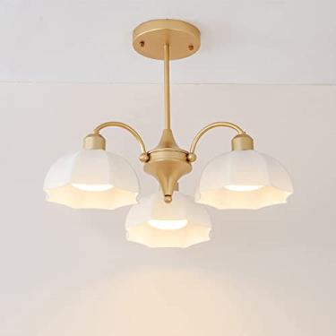 Imagem de YQSLQZZ Lustre de sala de jantar nórdico leve E27*3, luminária decorativa de teto de ferro dourado minimalista moderno com sombra de vidro branco sala de estar quarto luz de teto, altura não ajustável