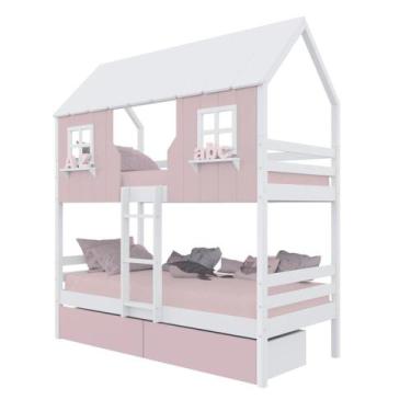 Imagem de Beliche Casinha Encantada com 02 Gavetas Madeira Maciça Rosa/ Branco M