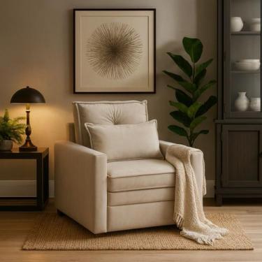 Imagem de Poltrona Cama Assento Dobrável Estofada Veludo Bege - Divani